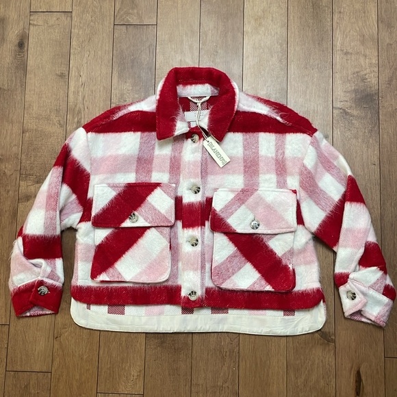 Blank NYC Women's cropped shacket jacket XS Pink Red white plaid NWT - Picture 4 of 11